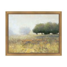 an oil painting of a field with trees in the distance