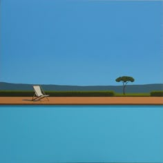 a painting of a lawn chair next to a body of water with a tree in the distance