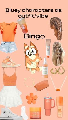 a bunch of items that are on top of a pink background with the words bluey characters