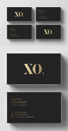 black and gold business card with the word xo on it's back side