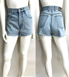 "Vintage 80's Cut Offs, High Waisted, Denim Shorts by Golden Star (SIze 8) These Ladies Shorts come in a light blue cotton and have three front pockets, two back pockets and are high waisted with belt loops, and fringe.  100% Cotton Made in USA *These shorts are in excellent condition. Size: (M) Modern Day 8 (Tag Size: L) Waist: 29\" Hips: 38\" Rise: 13\" (front) 15\" (back) Inseam: 1\" Leg Opening: 13\" Weight: 14 oz *Follow FreshandSwanky on Instagram" Ladies Shorts, Burgundy Shorts, High Waisted Denim Shorts, Jean Vintage, Cut Offs, Floral Sweater, Leather Lace Up Boots, Golden Star, Vintage Wrangler