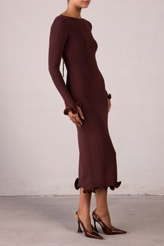 Elevate your Out Of Office wardrobe with effortless, fashion-forward pieces perfect for day or night. The Ruffle Hem collection features structured ruffles for a feminine touch. This knit midi dress has a boat neckline, high back and long sleeves with a ruffle hem. Office Wardrobe, Pink Chocolate, Out Of Office, Brown Brown, Knit Midi, Knit Midi Dress, Boat Neckline, Long Sleeve Midi Dress, The Boat