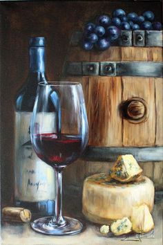 a painting of a glass of wine and cheese next to a barrel with grapes on it