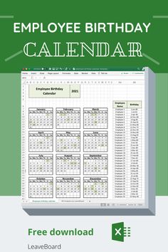 the employee birthday calendar is shown in green and white, with an arrow pointing to it