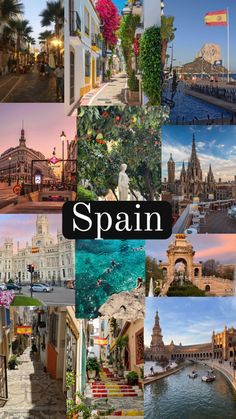 a collage of pictures with the words spain written in black and white above them