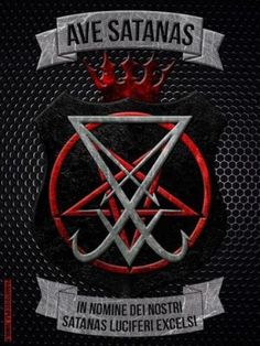 the logo for an upcoming band called ave satanas, in red and silver on black