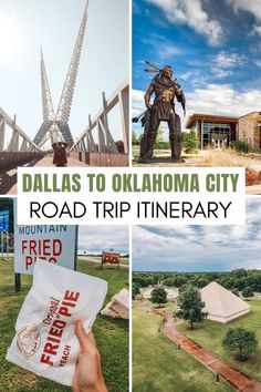 the road trip includes several things to see, including a statue and a sign that says,