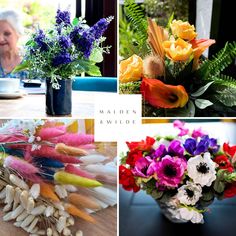 flowers and feathers in vases are arranged on the table