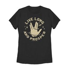 a black t - shirt with the words live long and prosper written on it