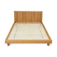 a wooden bed frame with no headboard and foot board on the bottom side, in front of a white background