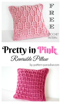 a pink crocheted pillow with the words pretty in pink on it and an image of