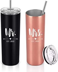 two personalized tumblers, one with a straw and the other with a lid