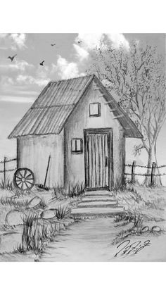 a drawing of a small house with a wagon in the front yard and birds flying overhead