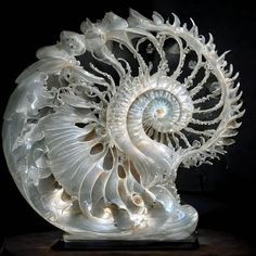 an intricately carved white shell sits on a wooden stand with its light shining through it