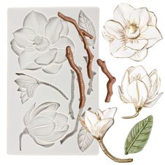 some flowers and leaves are on a white surface with gold trimmings, including one flower