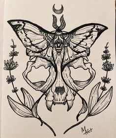 a black and white drawing of a moth on top of a skull surrounded by flowers