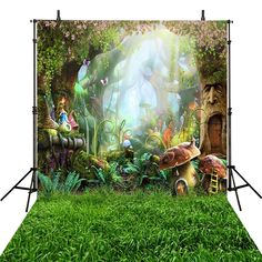 an image of a green forest scene with mushrooms and other things on the ground in front of it