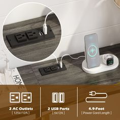 the charging station has two usb ports and an alarm clock on it's side