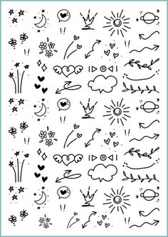 a set of hand drawn doodles with hearts, stars and sun on white paper