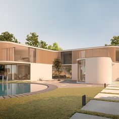 an artist's rendering of a modern house with a pool in the foreground