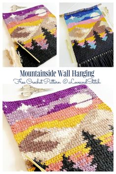 two pictures of the side of a multicolored wall hanging with fringes on it