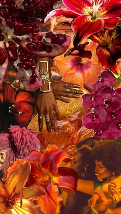 a collage of flowers, hands and other things