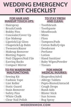 the wedding emergency kit checklist for brides and grooms is shown in pink