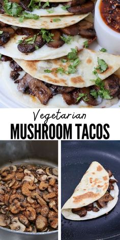 seasoned sliced mushrooms in skillet and in tacos on a plate and in a skillet with cheese Mushroom Tacos Recipes, Tacos Recipes, Mushroom Tacos, Taco Soup Recipe, Vegetarian Tacos, Vegetarian Breakfast Recipes