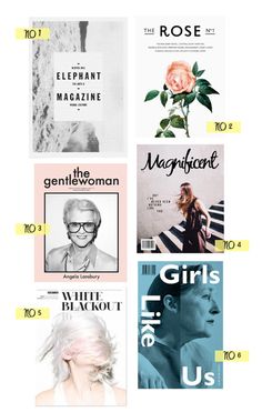 the covers of magazines are shown in different colors and sizes, including one with white hair