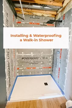 Walk-in shower with backer board on the walls. Step Up Shower Walk In, Diy Walk In Showers, Small Master Shower Ideas Walk In, Shower Basement Ideas, How To Build A Shower Stall, How To Build A Walk In Shower With Bench, Diy Bathroom Shower On A Budget, Diy Small Shower Ideas, Tile Shower Ideas Walk In Half Wall