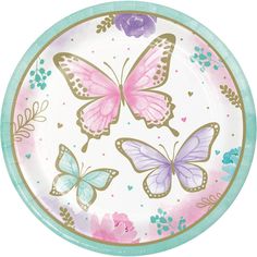 a pink and blue plate with butterflies on it