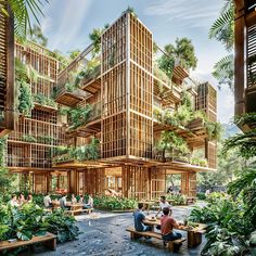 people sitting on benches in front of a building with lots of greenery and trees