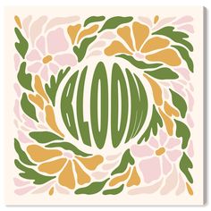 a green and yellow floral design with the word love on it's center surrounded by leaves