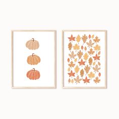 two framed art prints with pumpkins and leaves on the bottom, one is orange