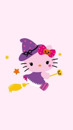 a hello kitty flying through the air with a broom in her hand and wearing a witches hat