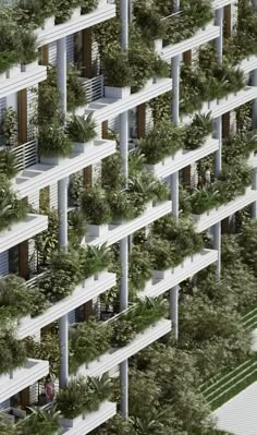 an aerial view of a building with trees growing on it