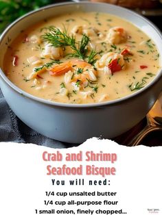 a bowl of crab and shrimp seafood bisque