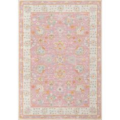 a pink and yellow rug with an ornate design on the bottom, in front of a white background