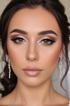 Wedding Bridal Makeup Hooded Eyes, Makeup To Go With Rose Gold Dress, Makeup With Blush Pink Dress, Bridal Makeup Romantic Glam, Bold Eye Wedding Makeup, Wedding Makeup For Burgundy Dress, Sparkle Bride Makeup, Wedding Cat Eye Makeup, Glam Makeup For Pink Dress