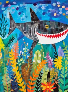 a painting of a shark with an open mouth surrounded by plants and other marine life