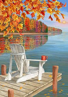 a painting of a chair on a dock with autumn leaves and water in the background