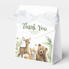 a thank you bag with an image of two bears and a baby deer on it