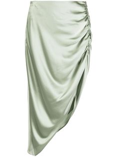 sage green silk satin weave ruched detailing concealed side zip fastening asymmetric hem Summer Silk Asymmetrical Draped Skirt, Green Silk Lined Skirt, Luxury Fitted Green Draped Skirt, Luxury Green Asymmetrical Skirt, Green Satin Skirt, Pre-draped Asymmetrical Silk Skirt, Michelle Mason, Satin Skirt, Silk Skirt