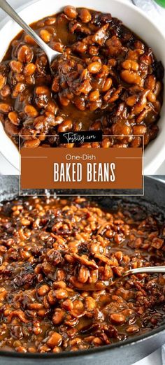 one dish baked beans in a skillet and another photo with text overlay that reads one dish baked beans