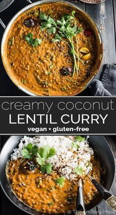 creamy coconut lentil curry in a pan with rice and garnish on the side