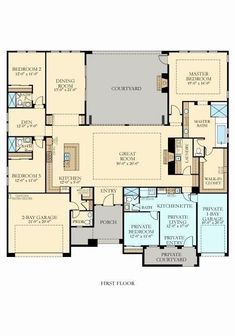 the first floor plan for a home with two master suites and an attached garage area