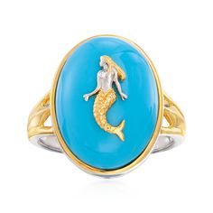 Ross-Simons - Turquoise Mermaid Ring in Silver, 18kt Gold Over Sterling. Size 7. An RS exclusive. This two-tone fashion ring takes nautical style to a whole new level. Set in sterling silver and 18kt yellow gold over sterling silver, a boastful 17x13mm turquoise cabochon pops with a mixed-metal mermaid at its center. An ornate shank provides even more detail to this fun cocktail ring. 3/4" wide. Mermaid turquoise two-tone ring. Mermaid Ring, Nautical Style, Nautical Fashion, Turquoise Rings, Fun Cocktails, Fashion Ring, Cocktail Ring, Cocktail Rings, Fashion Rings