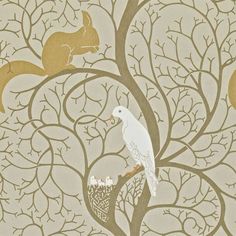 a white bird sitting on top of a tree next to a squirrel and other animals