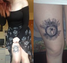 two pictures side by side one with a woman's leg and the other with tattoos on her legs