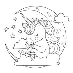 a unicorn sitting on top of a cloud with stars and moon in the sky behind it